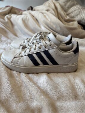 adidas White Sneakers with Blue Three-Stripes Detail